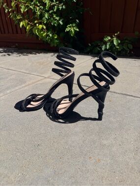 Black Rhinestone Spiral Ankle Wrap Stiletto Heels Size 7